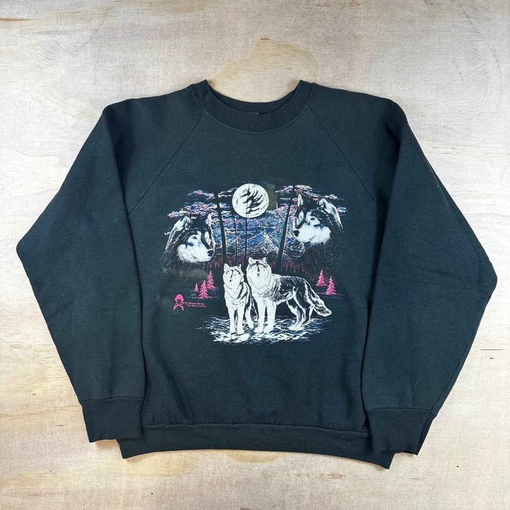 Vintage 1991 Fruit of‎ the Loom Wolf Moon Sweatshirt Black Mens Large USA Made